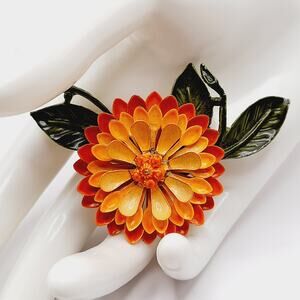 Vintage 1960s Orange Green Enamel Flower Brooch